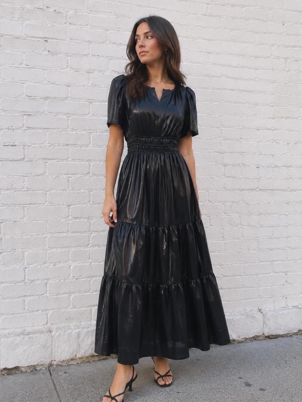 Anthropologie Black Shiny Tiered Maxi Dress